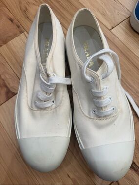 Prada Ivory Canvas Low-Top Lace-Up Sneakers